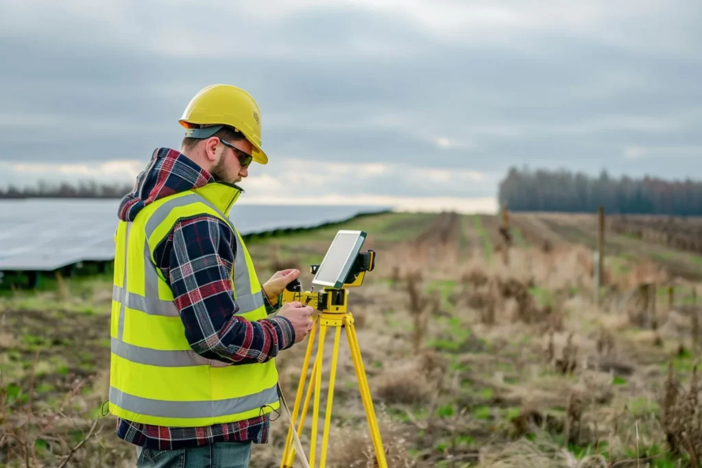 Un topógrafo trabajando en el exterior con una estación total o un GPS de precisión sobre un trípode, preferiblemente en un entorno de campo abierto o parcela urbana.