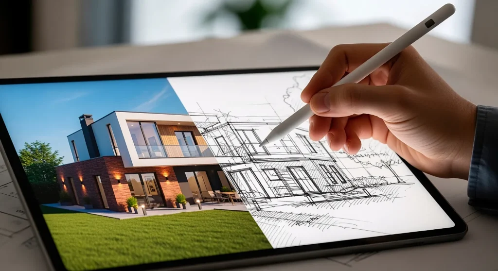 Diseño arquitectónico en tableta: plano de casa moderna