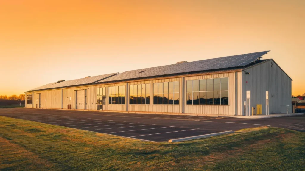 Edificio industrial moderno y sostenible alimentado por energía solar al atardecer